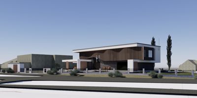 3D-visualisering av et moderne hus med fasadeelementer og omgivelser.