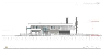 Fasadetegning som viser bygningens utseende sett fra siden, inkludert høydeangivelser.