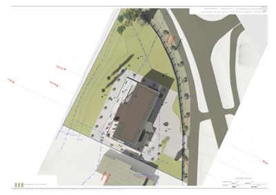 Situasjonsplan som viser bygningens plassering på tomten i forhold til veier og naboeiendom.