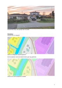 Bildet viser en kombinasjon av et fotografi av en eksisterende bolig og to kartutsnitt (reguleringsplan og kommuneplan).