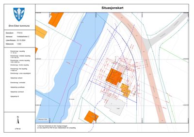 Situasjonskart som viser eiendomsnøyaktighet, bygningers plassering i forhold til veg og vassdrag, samt hjelpelinjer.