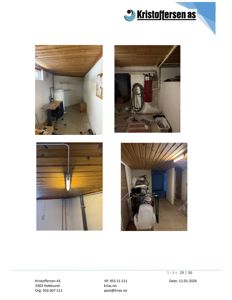 Bildet viser fire fotografier av et underjordisk eller kjellerrom med trepanel tak, hvite vegger og diverse innredning.