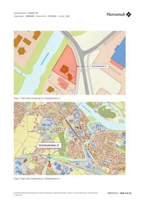 Bildet viser to kart som markerer en tomt ved Vollstadveien 2. Det ene er en detaljert situasjonsplan, mens det andre er et overblikkskart over nabolaget.