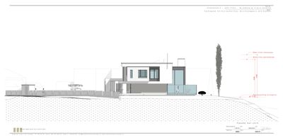 Fasadetegning av en moderne villa sett fra siden, med høydeangivelser og terrengprofil.