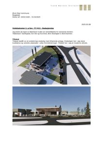 3D-visualisering av en planlagt enebolig med tilhørende anlegg sett fra ulike vinkler.