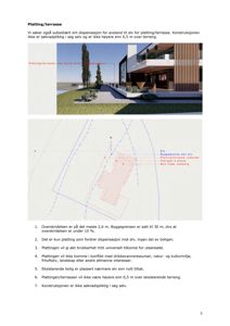 Situasjonsplan som viser bygningens plassering i forhold til elv og terreng, samt en 3D-visualisering av plattingen/terrassen.