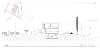 Snittegning som viser bygningens tverrsnitt, høyder og forhold til terreng.