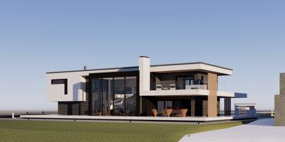 3D-visualisering av en moderne villa sett fra utsiden.