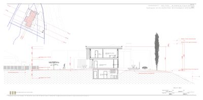 Snittegning som viser tverrsnittet av en bygning med innvendige rom og høydemål.