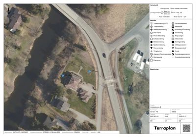 Situasjonsplan basert på satellittbilde (flyfoto) med overlagte tekniske data og beskrivelser av geotekniske metoder.