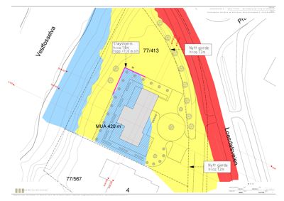 Situasjonsplan som viser tomtens beliggenhet i forhold til Vestfosselva og Lødesleiven, samt bygningens plassering og grenser.