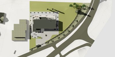 Situasjonsplan som viser bygningens plassering på tomten i forhold til veier og nabobebyggelse.