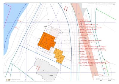 Situasjonsplan som viser tomtens grenser, byggegrenser, høydeforhold og planlagt bebyggelse.