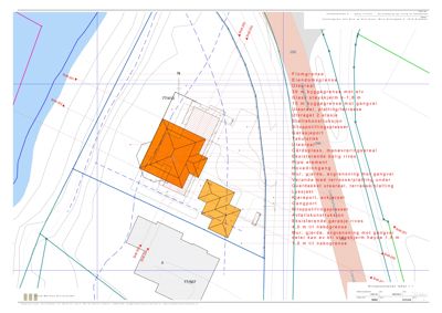 Situasjonsplan som viser tomtens grenser, byggegrenser, høydeforhold og planlagt bebyggelse.