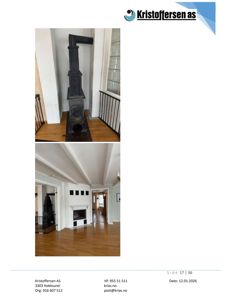 To fotografier av et interiør, en med en kaminovn og en med et peisområde.