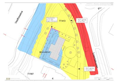 Situasjonsplan som viser tomtens plassering i forhold til Vestfosselva og Løesdalsveien, med angivelse av bygningens fot (MUA 420 m²), grenser, og planlagte tiltak som steyskjerm og nytt gjerde.