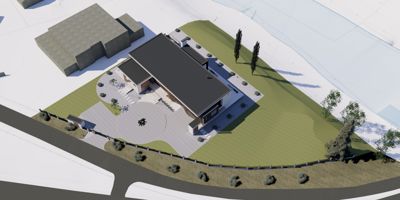 3D-visualisering av et hus sett fra lufta med omgivende terreng og beplantning.