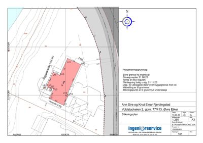 Situasjonsplan (stikningsplan) som viser bygningens plassering i forhold til nabogrunn, høydeforhold og byggegrenser.