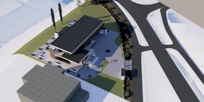 3D-visualisering av et planlagt hus sett fra en høy vinkel, inkludert omgivelser som vei og hage.