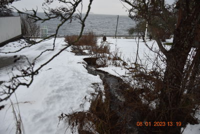 Fotografi av et snødekt utendørsområde med en elv eller bekke, trær og vann i bakgrunnen.
