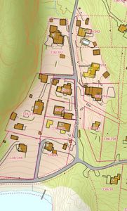 Situasjonsplan som viser tomtene, bygningenes plassering, vegnett og terrengforhold i et område.
