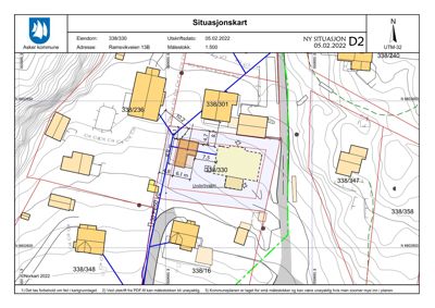 Situasjonskart som viser eiendomsgrenser, naboeiendommer og topografi for eiendommen 338/330.