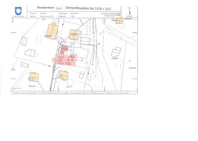 Situasjonsplan som viser tomt, bygninger og veier.