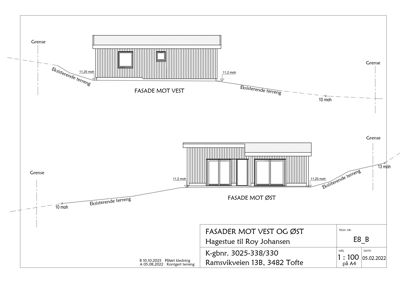 Fasadetegning som viser bygningens utseende sett fra vest og øst, med høydemål og terrenglinjer.