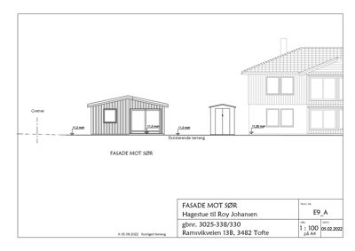Fasadetegning som viser bygningens utseende sett fra sør, inkludert mål og terrengforhold.