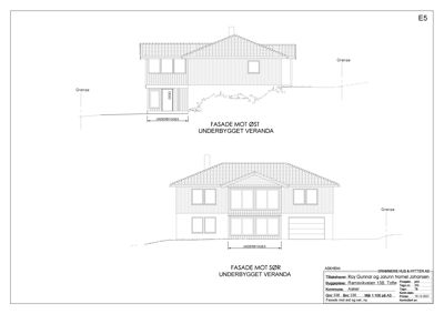 Fasadetegning som viser bygningens utseende sett fra øst og sør, inkludert detaljer om veranda og garasje.