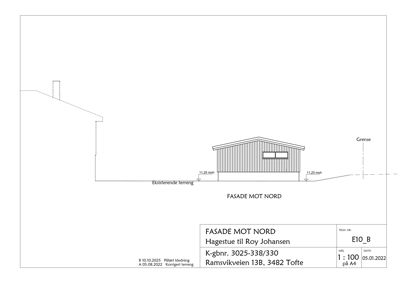 Fasadetegning av en bygning sett fra nord, med høydemålinger og terrenglinjer.