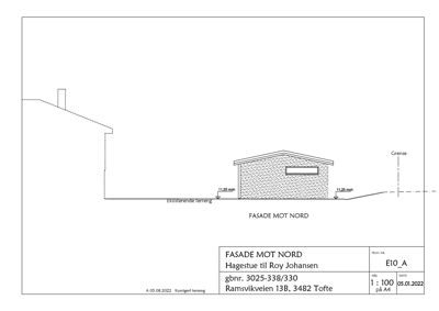 Fasadetegning av en bygning sett fra nord, med angivelse av terreng og grenser.