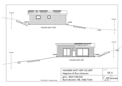 Fasadetegning som viser bygningens utseende sett fra vest og øst, inkludert høydemål og terrengforhold.