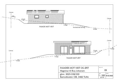 Fasadetegning som viser bygningens utseende sett fra vest og øst, med høydeangivelser og terrengforhold.