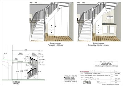 Bildet viser en snittegning (Snitt trapp) av en trapp og en prinsippkisse (perspektiv) av trappen sett fra siden.