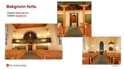 Fotografier av en kirkeinteriør, inkludert et hovedbilde og to innsette bilder som viser detaljer.