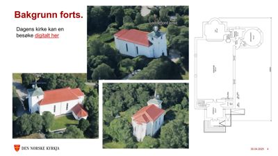 Et sammensatt bilde som viser flere luftfotografier av Loddefjord kirke og en arkitektonisk plantegning av kirken.