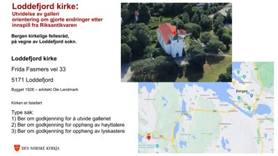 Et sammensatt bilde som viser en flyfoto (satellittbilde) av Loddefjord kirke og en kartutsnitt over Bergen kommune med kirken markert.