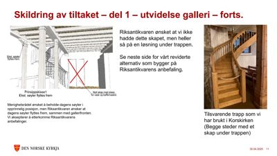 Et fotografi av en trapp i en kirke (Korskirken) som viser en løsning med skap under trappen, sammenlignet med en annen tegning.