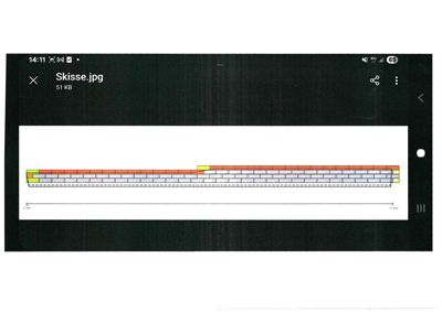 En fasadetekning som viser oppriss av en bygning sett fra siden, med farger som indikerer ulike materialer eller nivåer.