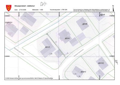 Situasjonskart som viser tomtegrenser, bygningsspor, veier (Hyttskjærveien, Vaskarryveien) og koordinatsystem for en støttemur.