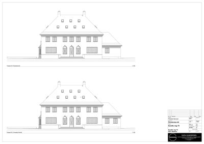 Fasadetegning som viser bygningens utseende fra to ulike vinkler (Sør og Sørvest).
