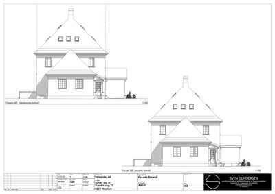 Fasadetegning som viser bygningens utseende fra sørøst (SØ). Tegningen inneholder to varianter: 'Fasade SØ. Eksisterende forhold' og 'Fasade SØ. omsekte forhold' (antagelig 'omsekte' er en feilstaving av 'omskrift' eller 'omskudd').