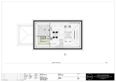 Etasjeplan (loftplan) som viser romfordeling, møblering og arealer for et loft.
