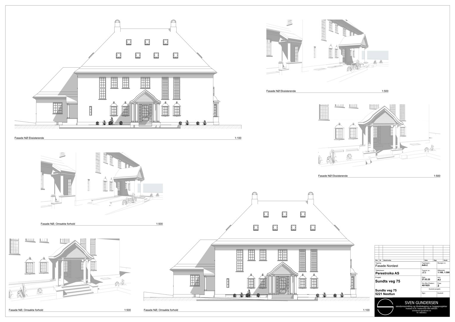 Fasadetegning med oppriss av bygningens front og detaljer