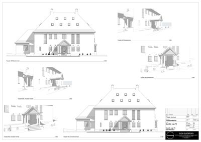 Fasadetegning med oppriss av bygningens front og detaljer