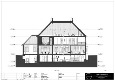 Snittegning (Snitt B-B) som viser bygningens indre oppbygning, romfordeling og høyder.