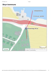 Situasjonsplan som viser plassering av et renseanlegg og en utslippsledning i Stryn kommune, med vei og terrengkonturer.