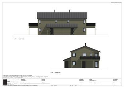 Tegning som viser fasadeopprikk for bygningen sett fra nord og vest.