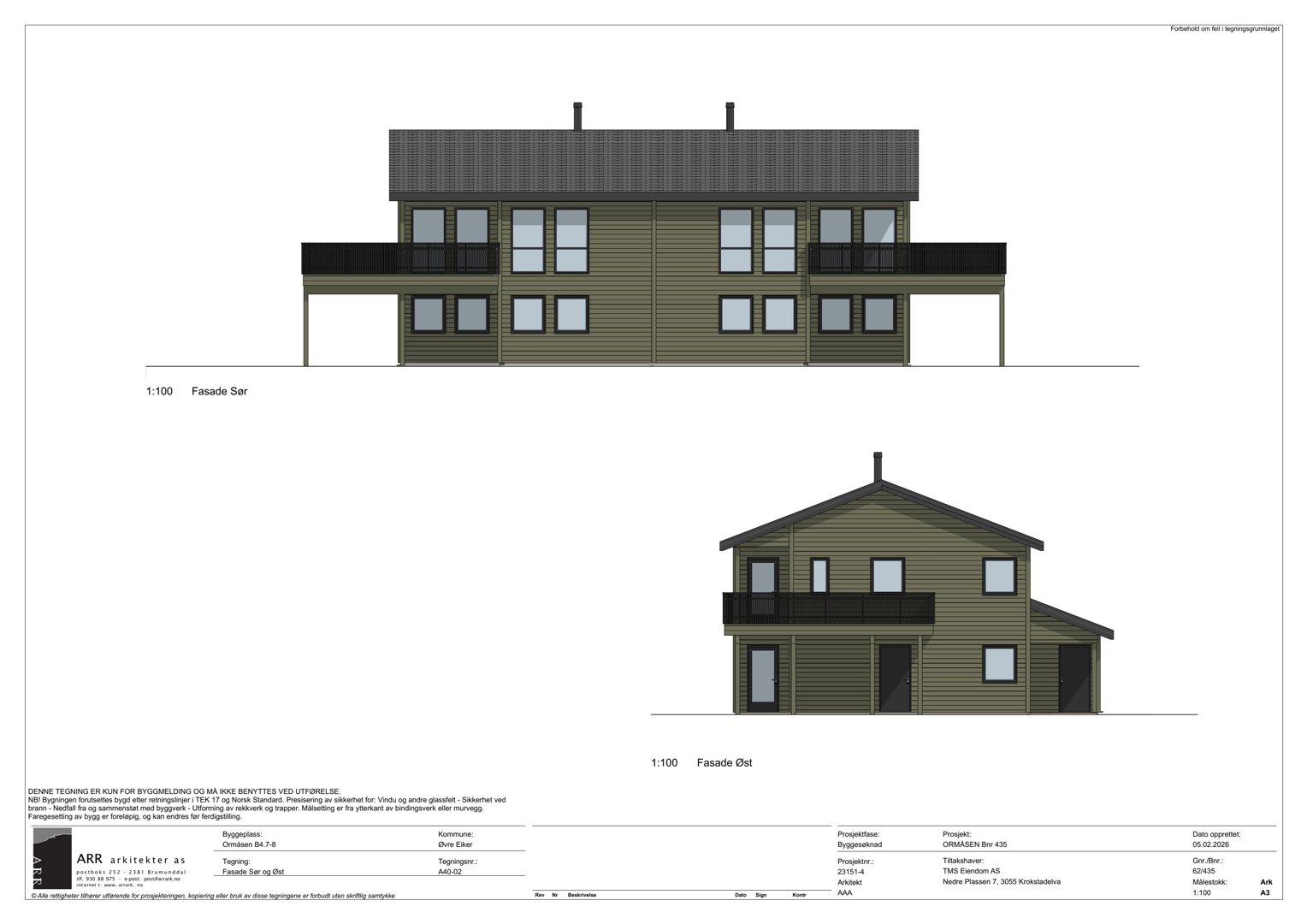 Fasadetegning som viser bygningens utseende fra to sider (Sør og Øst) med detaljer om vinduer, balkonger og takform.